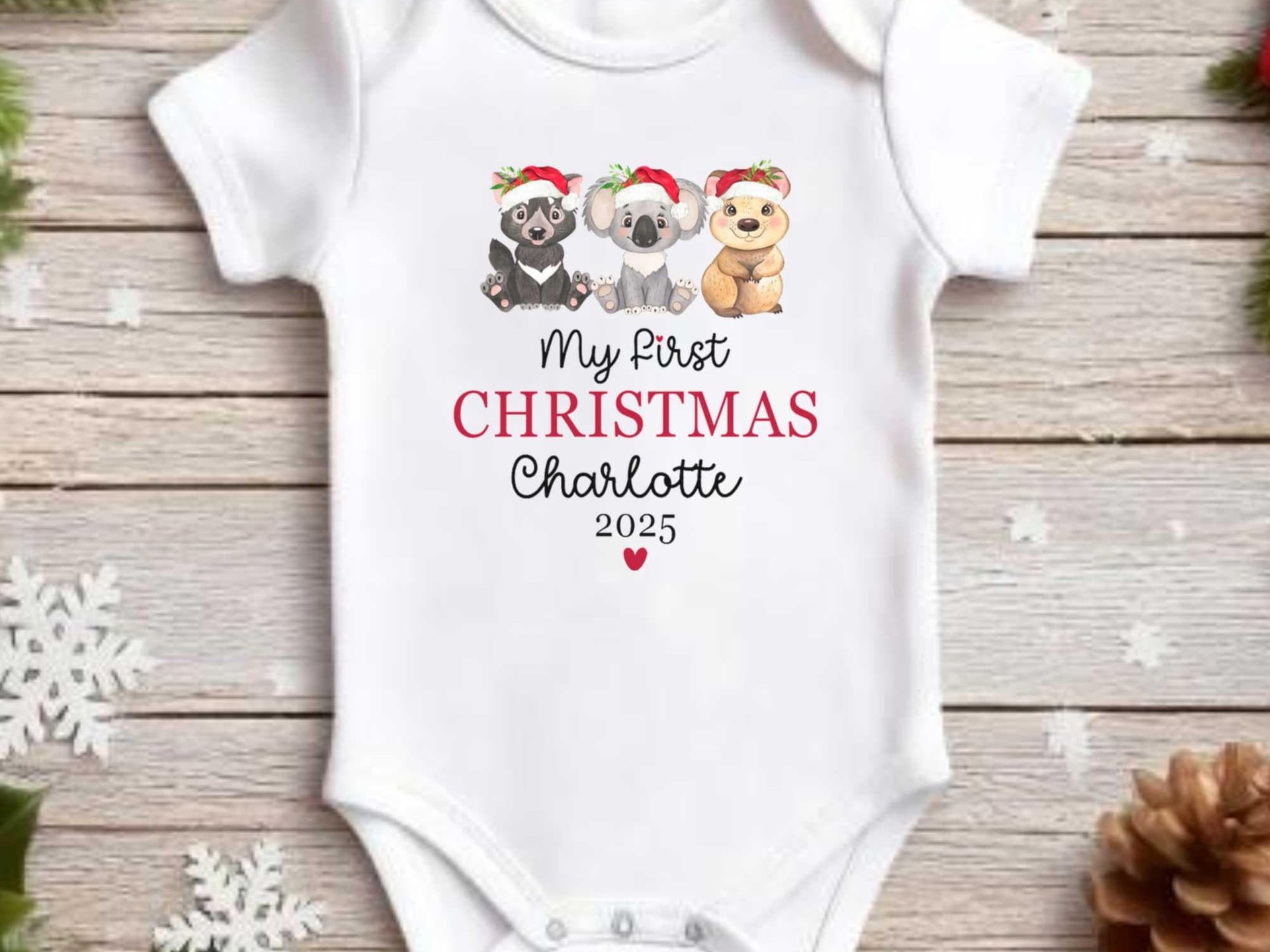 Personalised Aussie Animals My First Christmas Baby Bodysuit
