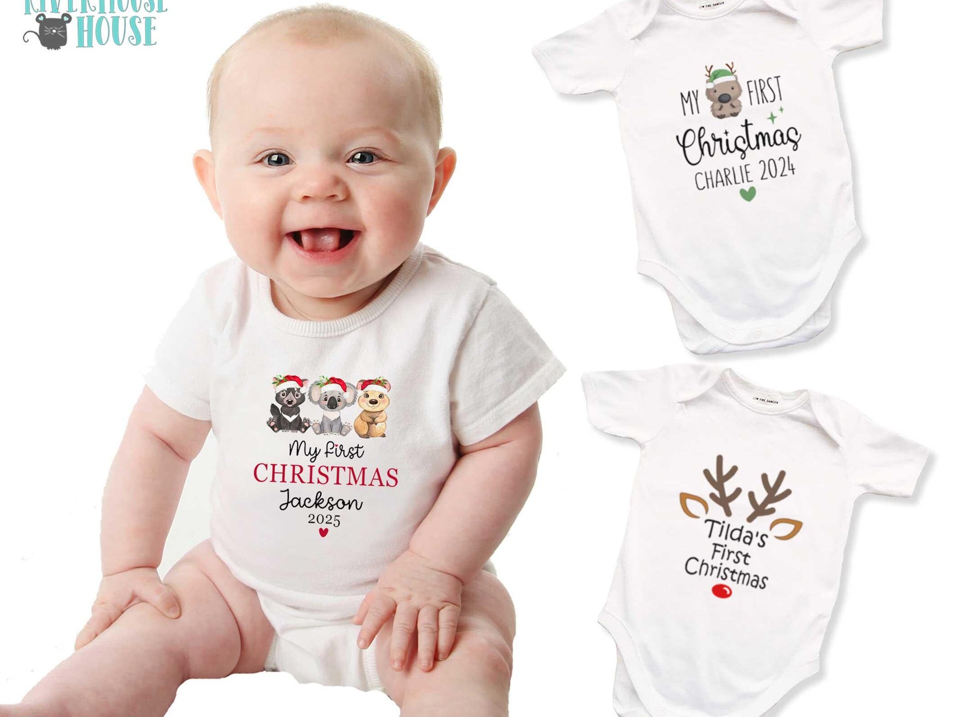 Personalised Aussie Animals My First Christmas Baby Bodysuit