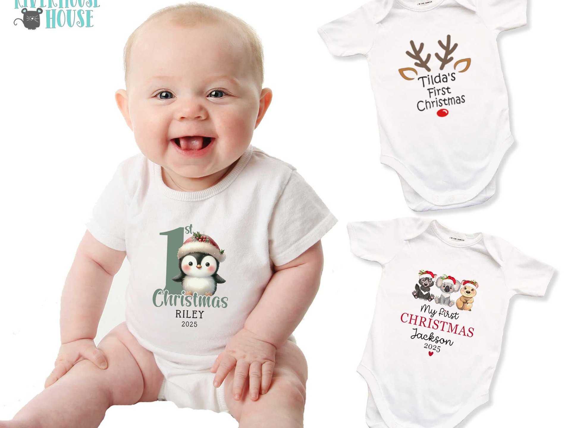 Personalised Christmas Penguin Baby Bodysuit, Custom 1st Xmas Gift