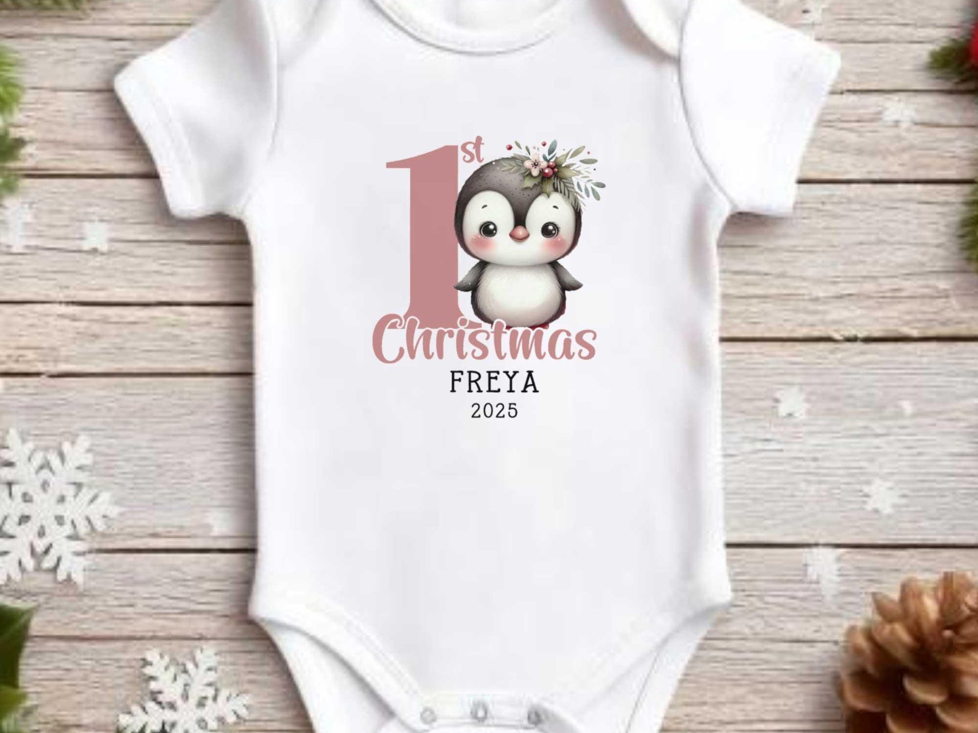 Personalised Christmas Penguin Baby Bodysuit, Custom 1st Xmas Gift