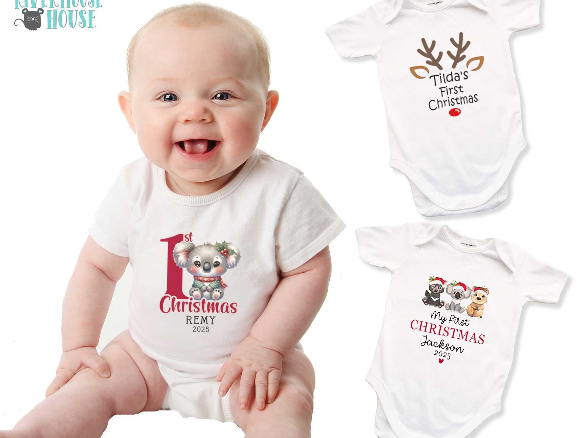 1st Christmas Personalised Koala Baby Bodysuit, Custom Name + Year