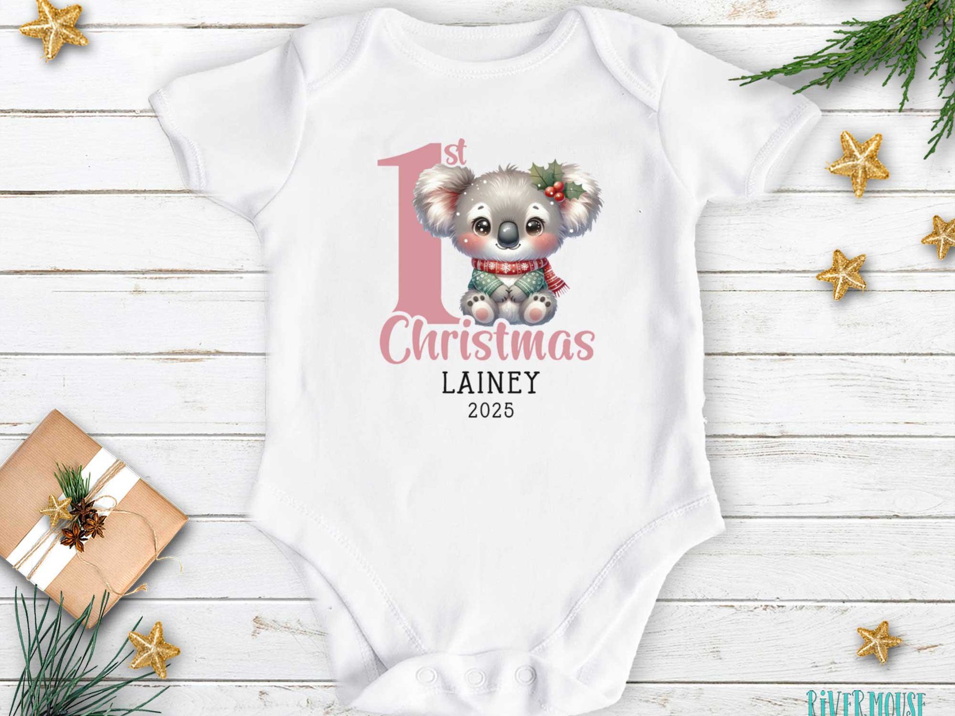 1st Christmas Personalised Koala Baby Bodysuit, Custom Name + Year