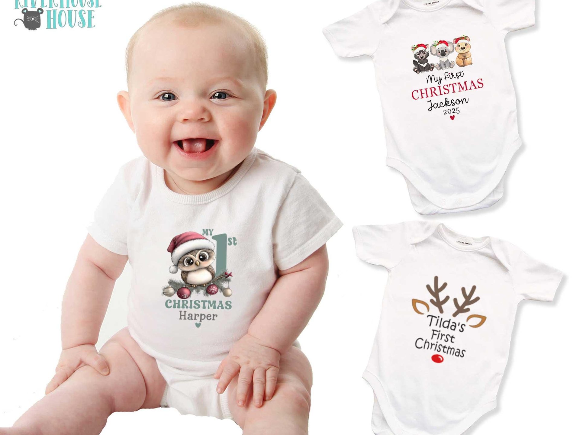 Baby Owl Personalised 1st Christmas Bodysuit, Custom Name Outfit