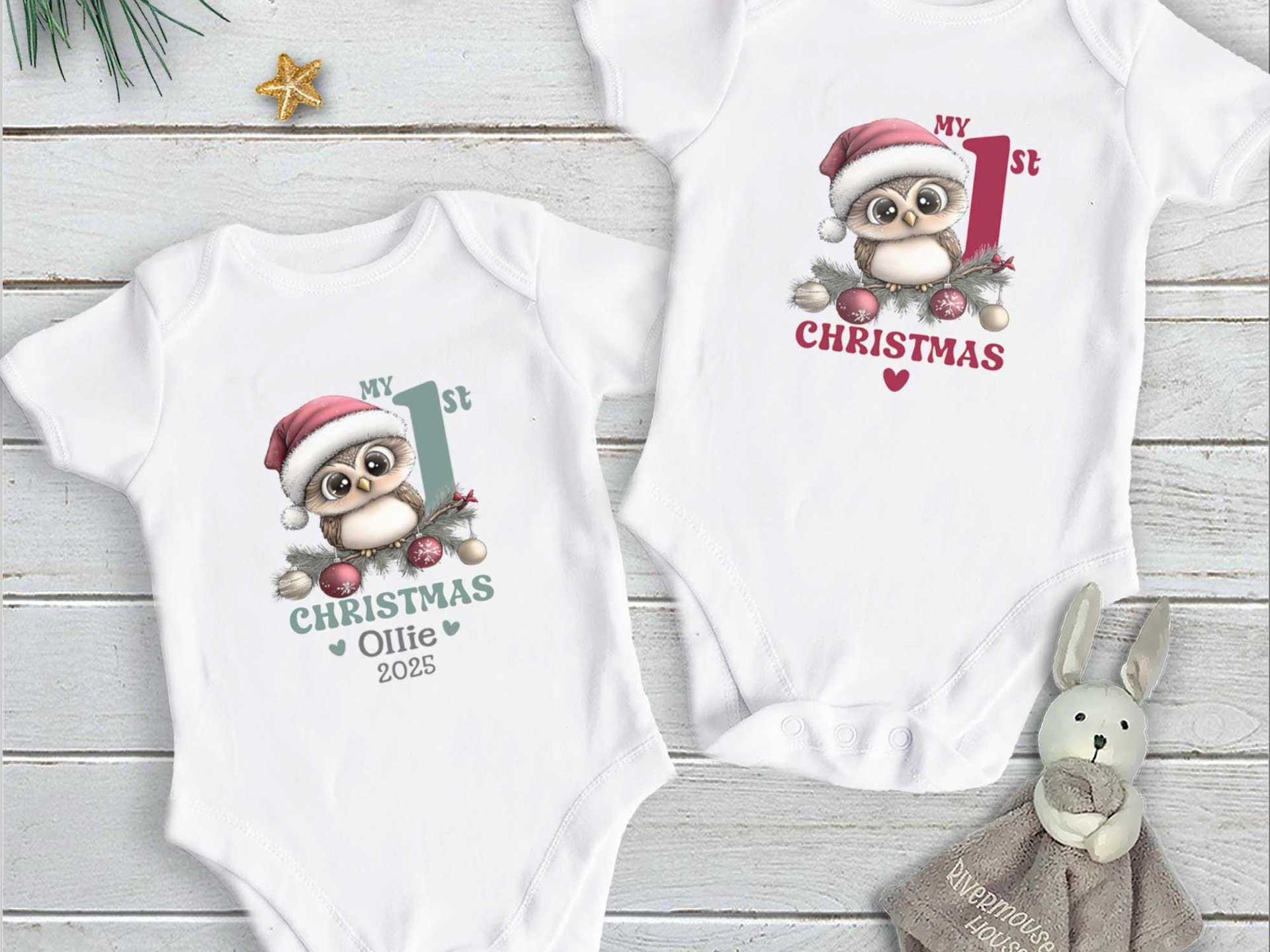Baby Owl Personalised 1st Christmas Bodysuit, Custom Name Outfit