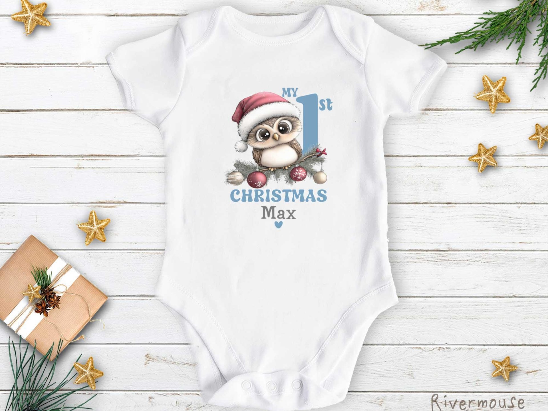 Baby Owl Personalised 1st Christmas Bodysuit, Custom Name Outfit
