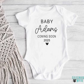 Coming Soon pregnancy announcement, Personalised newborn baby reveal onesie