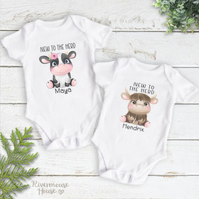 Baby cow personalised bodysuit, New to the Herd farm kids romper
