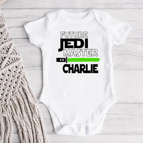 Future Jedi Master personalised baby bodysuit with custom name lightsaber
