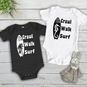 Crawl Walk Surf baby bodysuit, Aussie beach babe outfit with 2 custom surfboard designs 