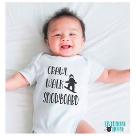 Crawl Walk Snowboard Baby Bodysuit, Winter Snow Sports Romper, Australian Kids Sizes Newborn to Toddler
