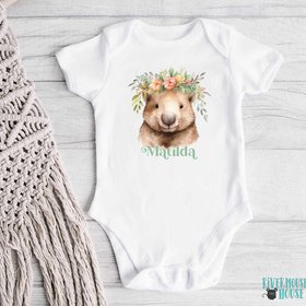 Personalised Wombat Baby Bodysuit, Cute Aussie Animal with Floral Crown