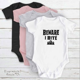 Halloween Baby Bodysuit, Beware I Bite Funny Vampire, Zombie, Graveyard Outfit