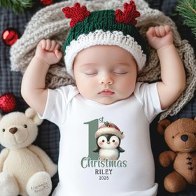 Personalised Christmas Penguin Baby Bodysuit, Custom 1st Xmas Gift